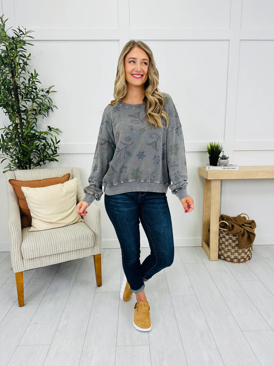 Floral Printed Washed Terry Pullover Grey (Sold Separately)