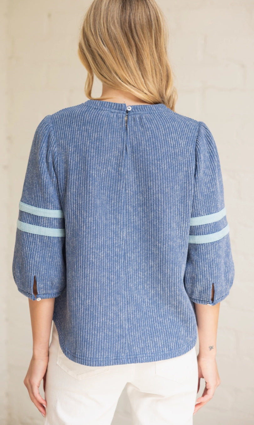 Striped Detail Half Puff Sleeve Ribbed Top
