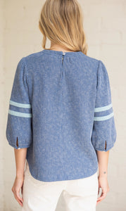 Striped Detail Half Puff Sleeve Ribbed Top