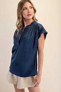 Round Neck V-Neck Drop Cap Sleeve Satin Blouse
