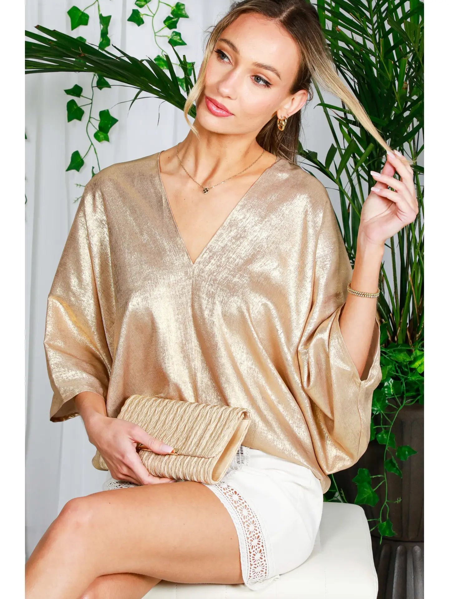 V-Neck Dolman 1/2 Sleeve Foil Woven Blouse