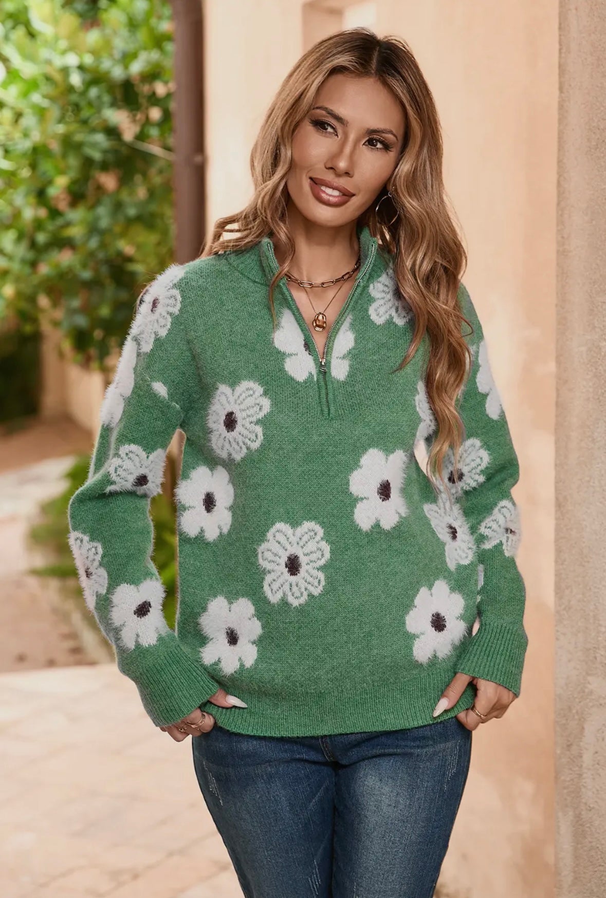 Floral Pattern Half Zip Sweater