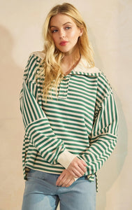 Striped Print Henley Oversized Collar Pullover