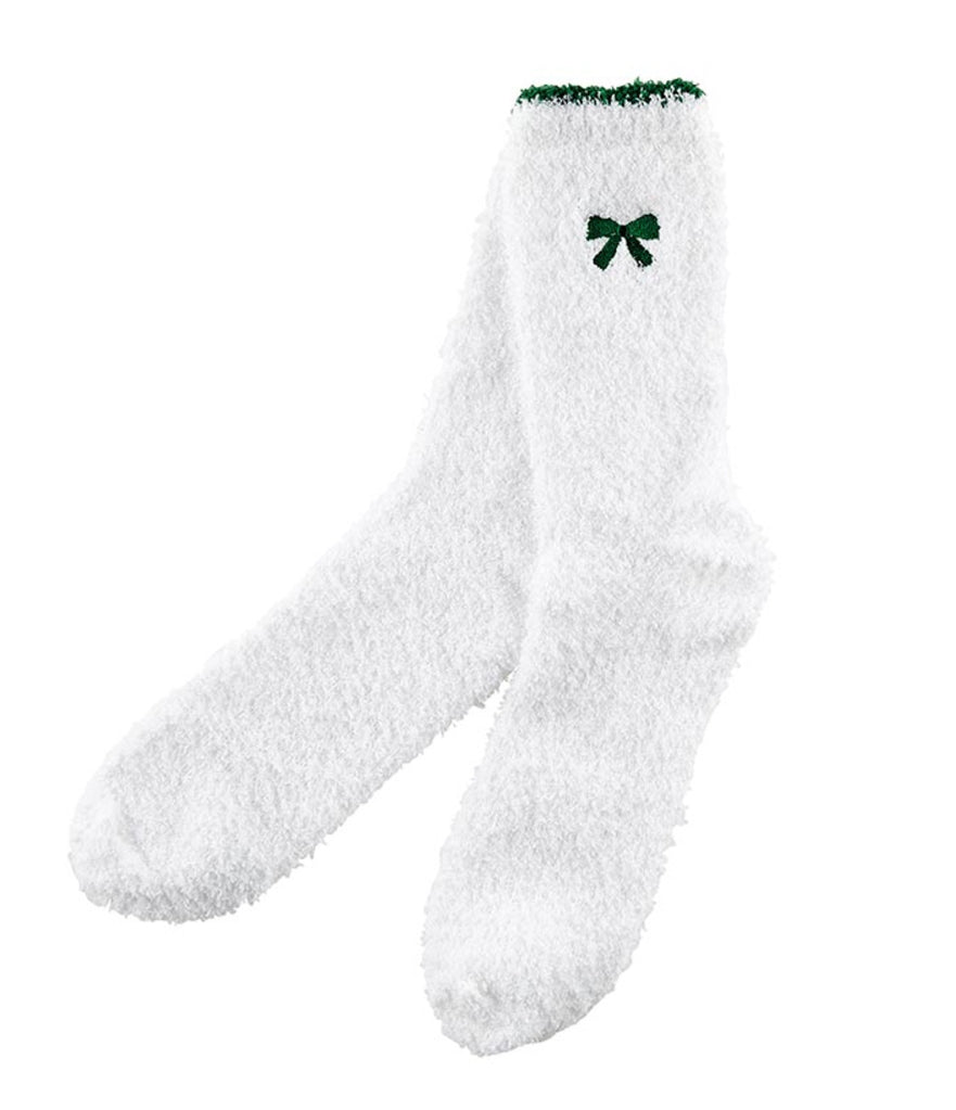 Cozy Socks in Ornament - White with Green Bow/Trim