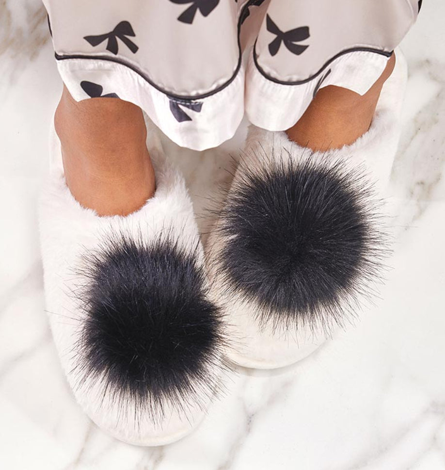 Plush Slippers - Ivory with Black Pom Pom