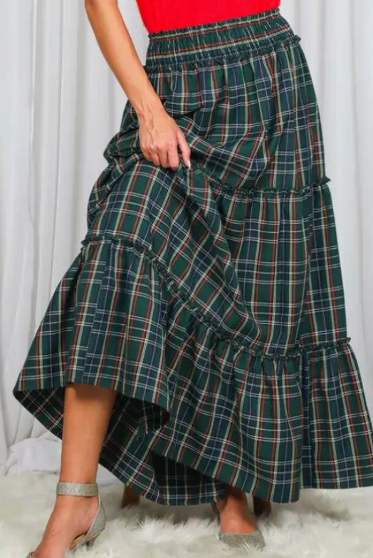 Flowy Plaid Bohemian Tiered Maxi Skirt
