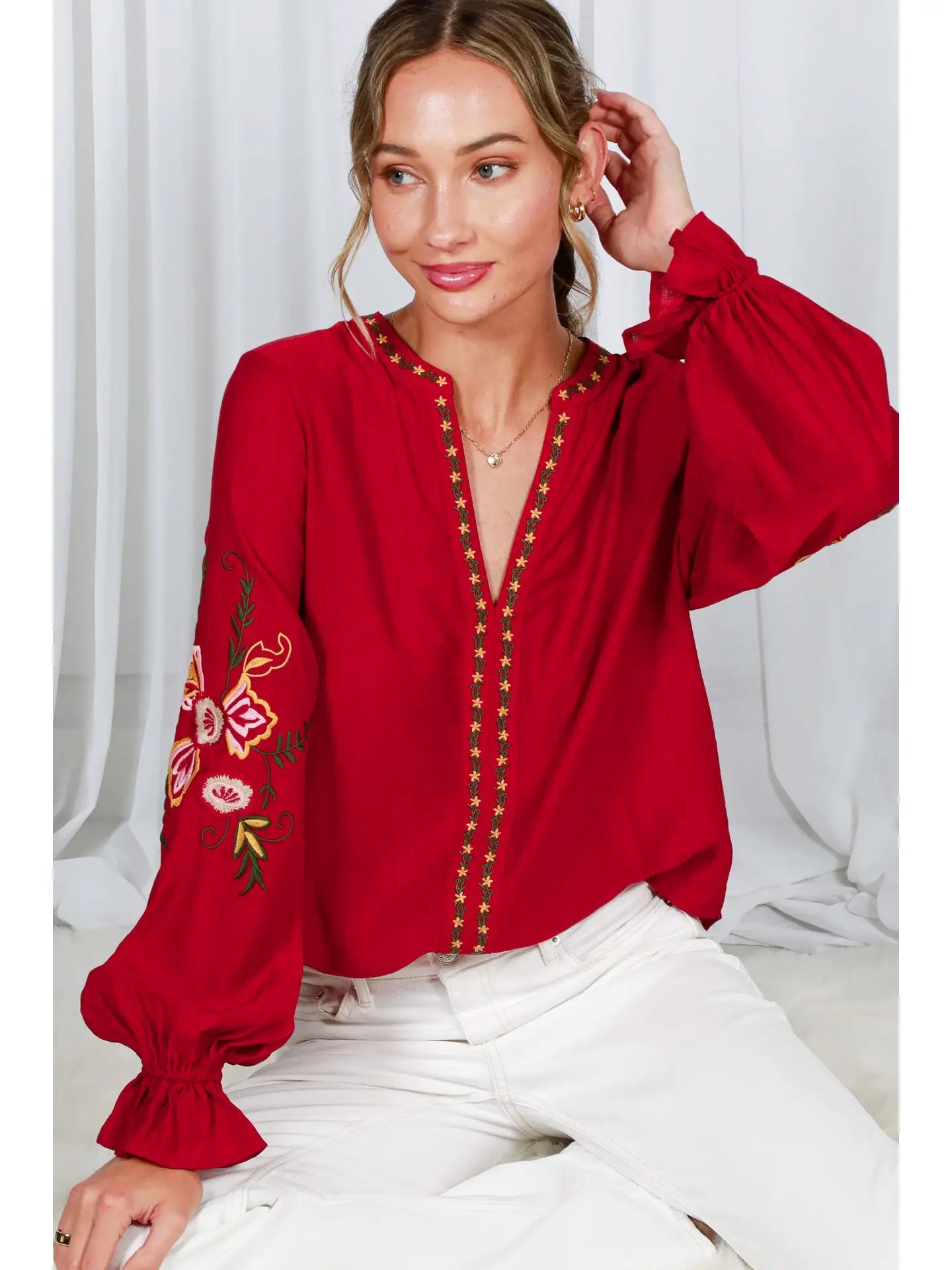 Bohemian Floral Embroidered Round Split Neck Blouse