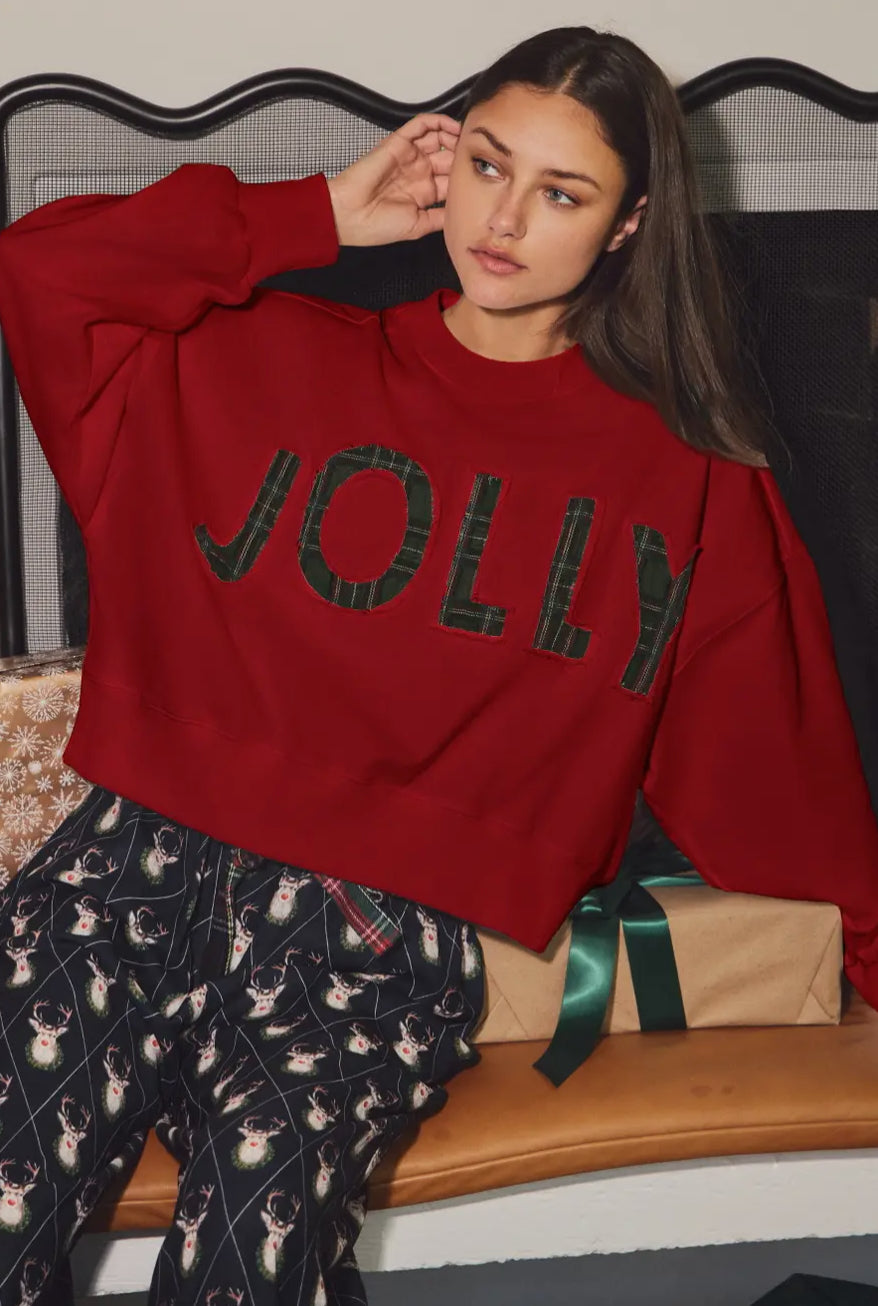 Pullover Sweatshirt With Bold Plaid Jolly Appliqué Lettering