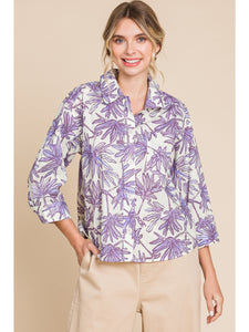 Plant Print Top With Collared Neck