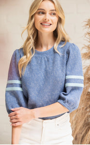 Striped Detail Half Puff Sleeve Ribbed Top