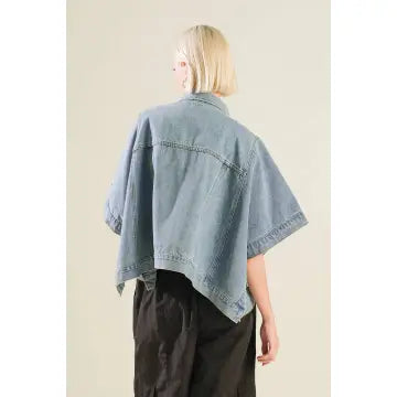 Washed Denim Cropped Bat Wing Jacket