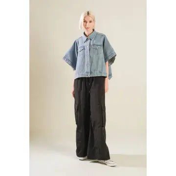 Washed Denim Cropped Bat Wing Jacket