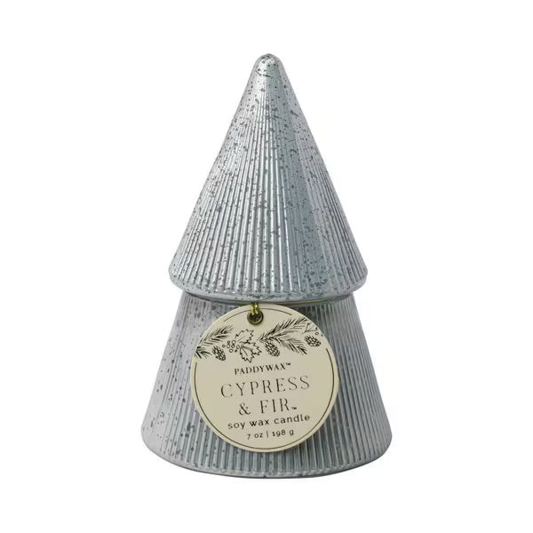 7 oz Ribbed Mercury Stacked Tree Candle With Lid - Cypress & Fir