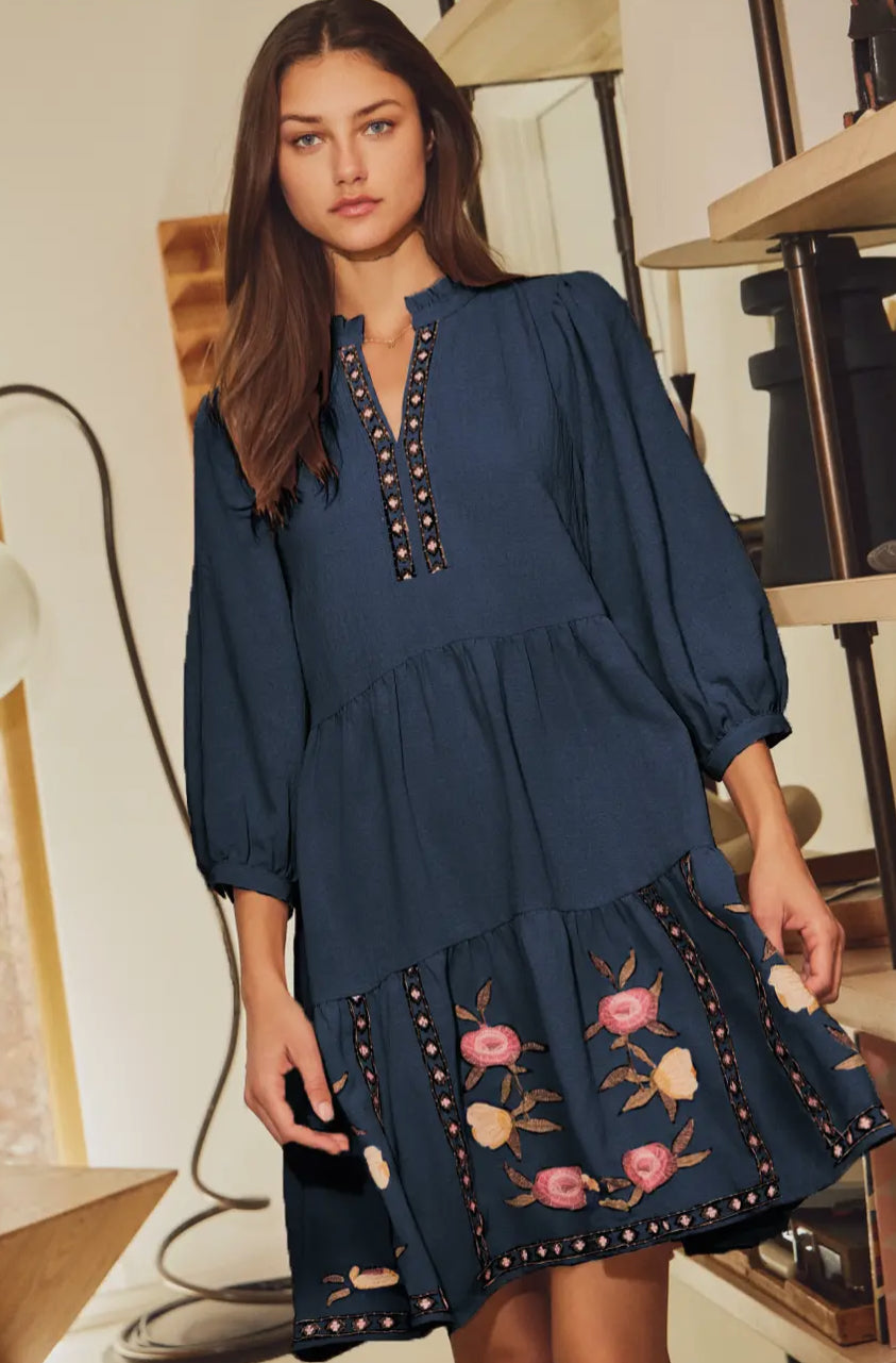 Tired Embroidered Dress (Navy)