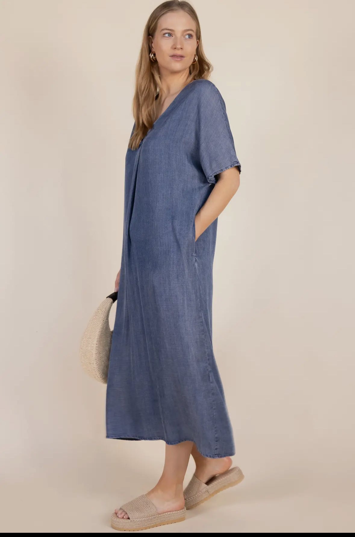 Tencel V-Neck Midi Dress