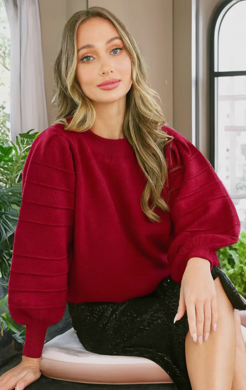 Crew Neck Textured Puff Sleeve Sweater