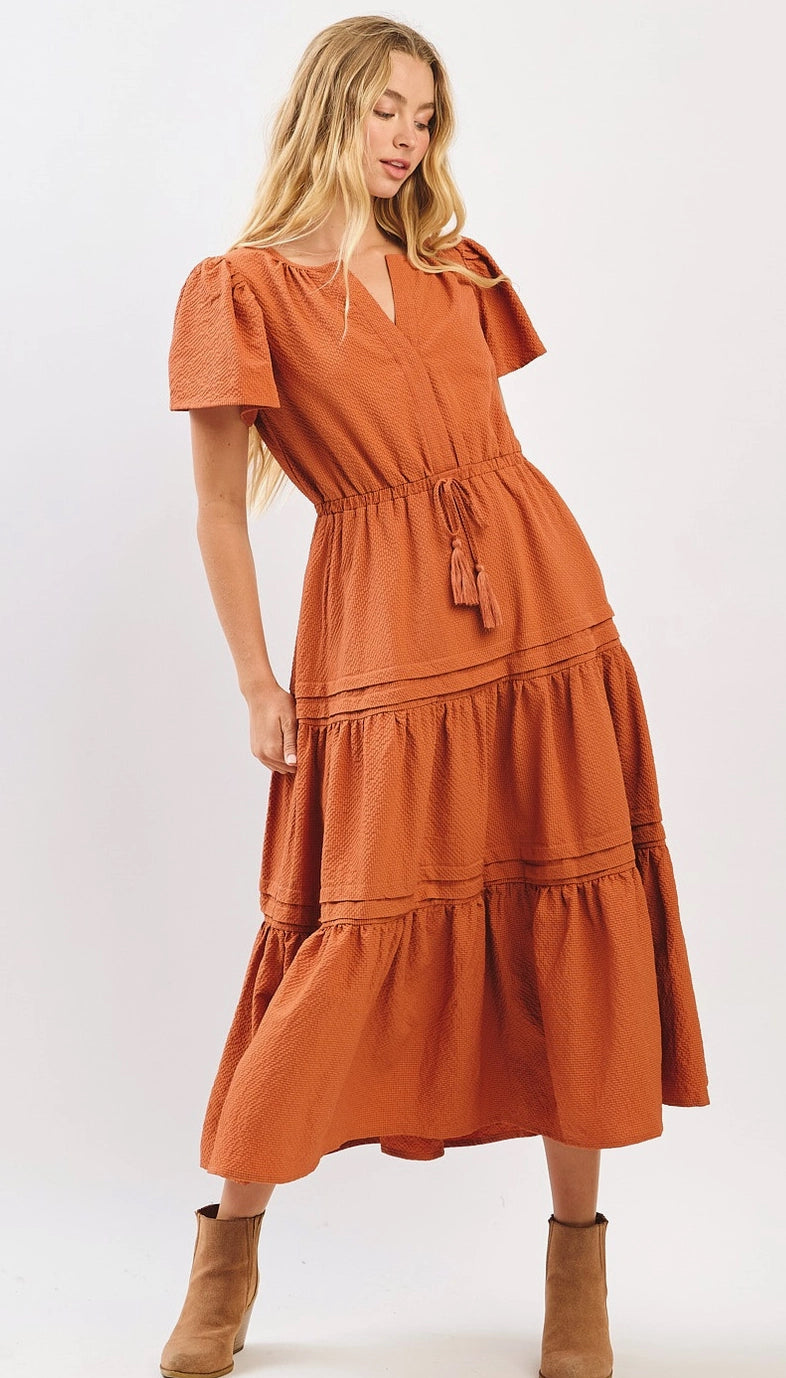 Textured Pintuck Bell Sleeve Tassel Tie Midi Dress