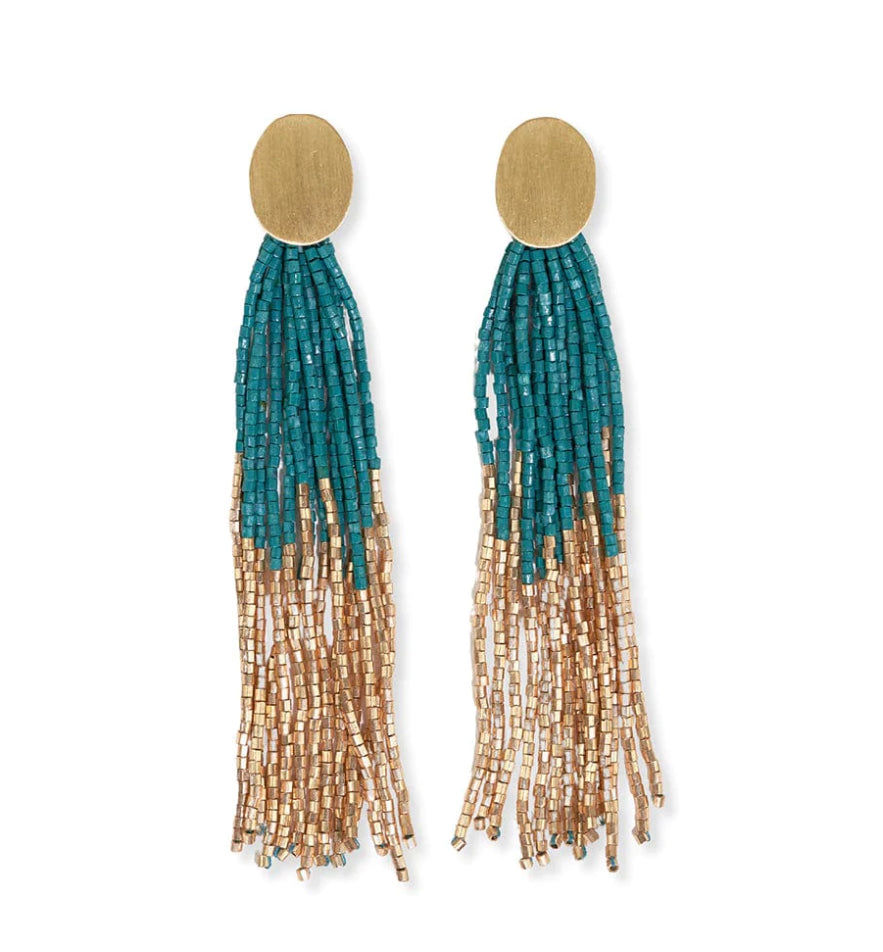 Mae Oval Brass Post 2-Color Beaded Tassel Earrings Teal