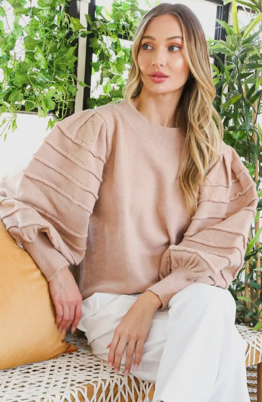 Crew Neck Textured Puff Sleeve Sweater