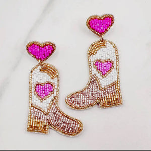 Pink Heart Boot Beaded Earrings