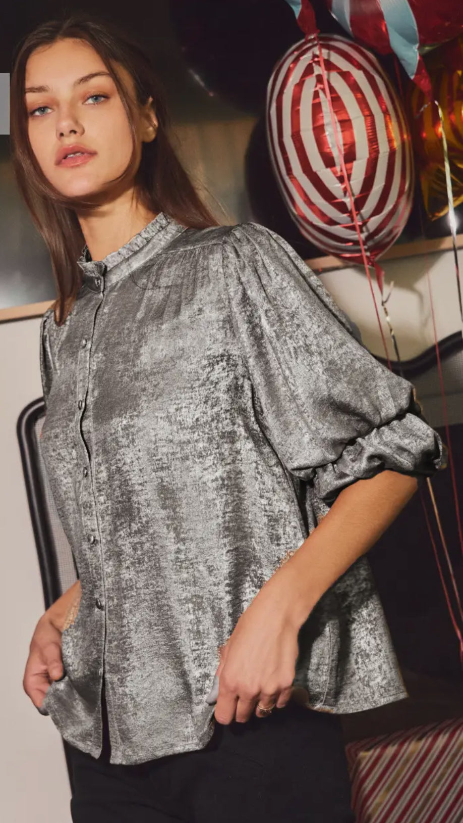 Shimmer Blouse with Ruffled collar and sleeves