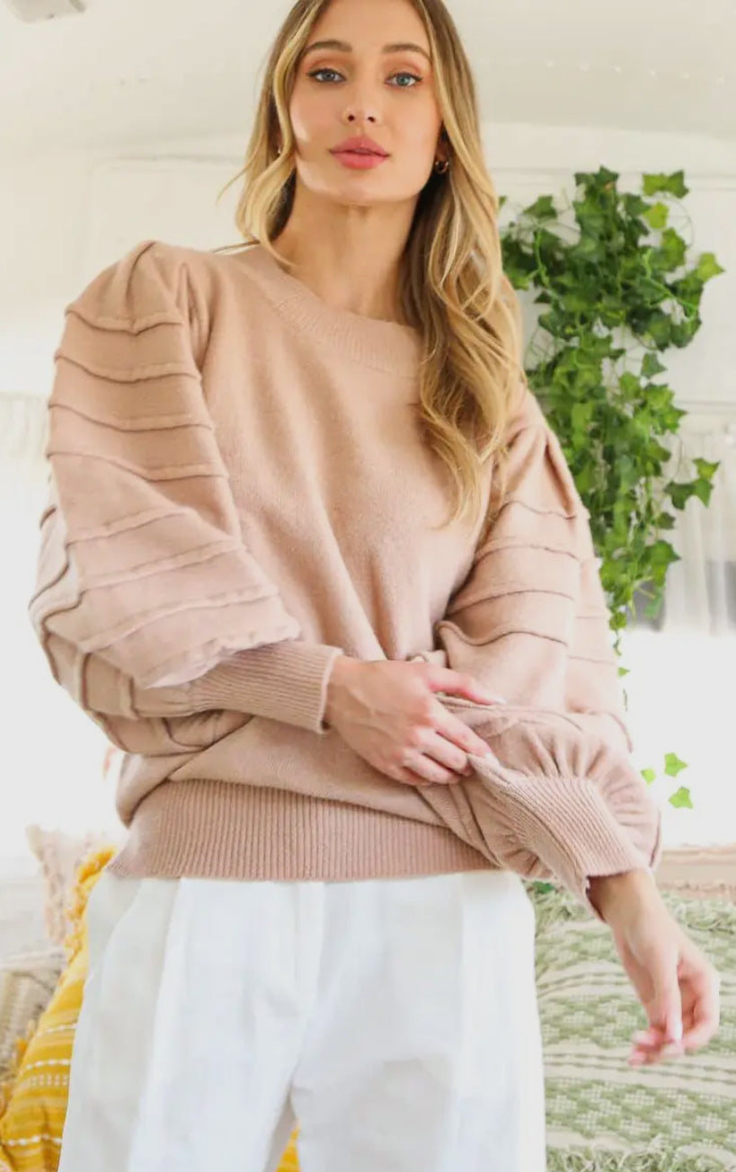 Crew Neck Textured Puff Sleeve Sweater