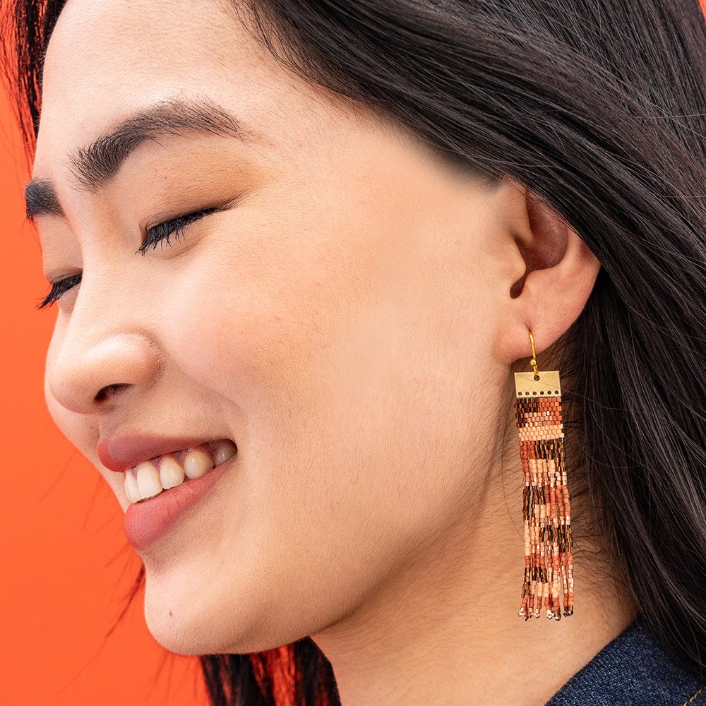 Ada Color Block Beaded Fringe Earrings Apricot And Bronze