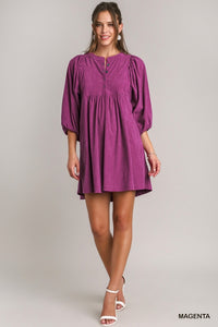 Corduroy 3/4 Sleeve Dress with Side Pockets