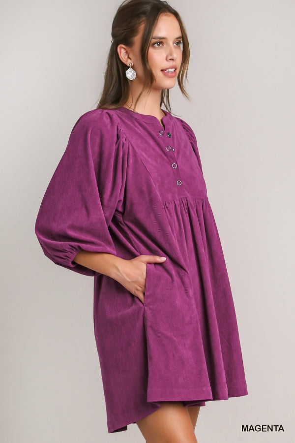 Corduroy 3/4 Sleeve Dress with Side Pockets