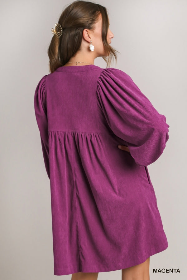 Corduroy 3/4 Sleeve Dress with Side Pockets