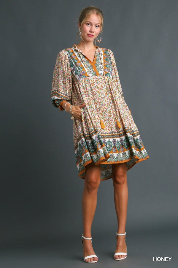 Border Print Ruffle V-Neck w/Tassel Tie Dress