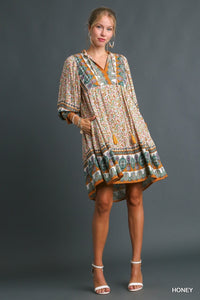 Border Print Ruffle V-Neck w/Tassel Tie Dress