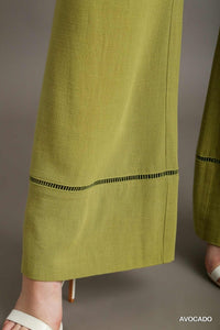 Linen Blend Wide Leg Pants with Lace Trim, Side Pockets & Elastic Waistband