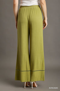 Linen Blend Wide Leg Pants with Lace Trim, Side Pockets & Elastic Waistband