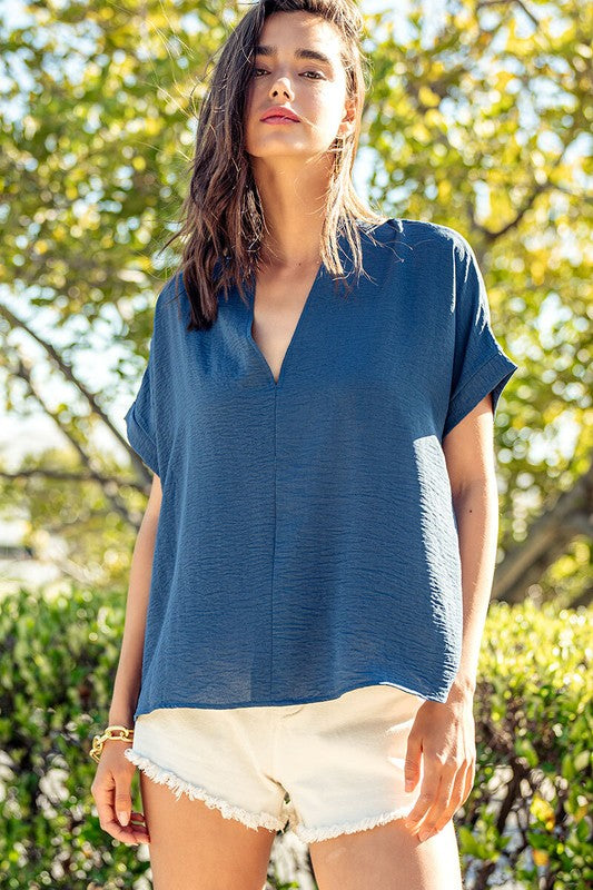 Oversized Vneck Folded Short Sleeve Top