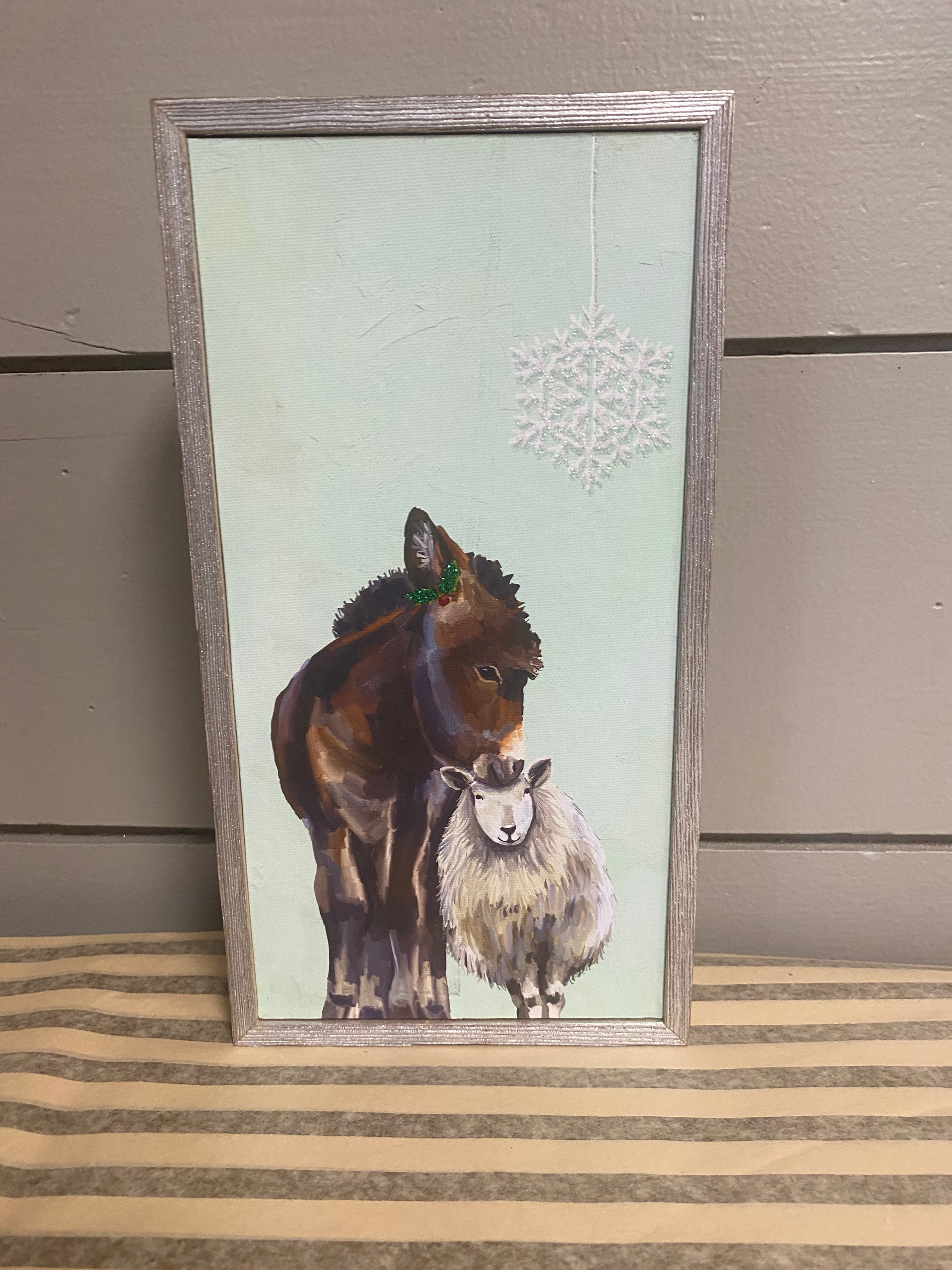 Holiday-Festive Donkey and Sheep Framed Canvas