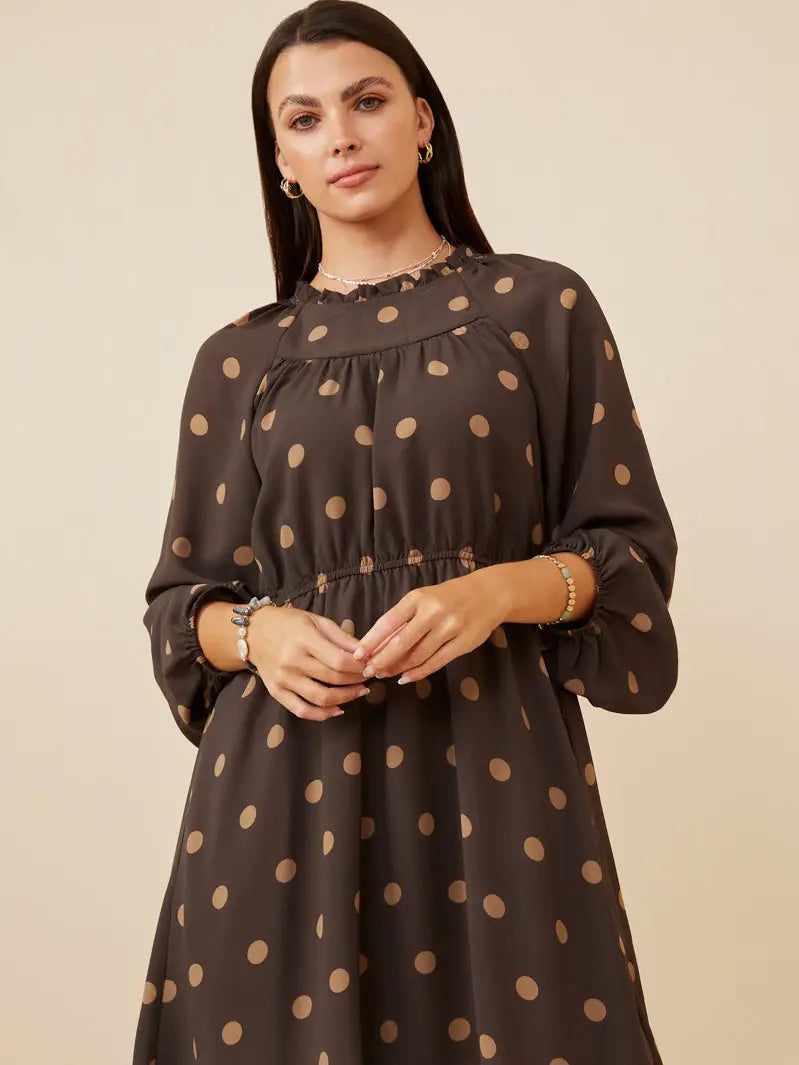 Gathered Neck Long Sleeve Polka Dot Dress