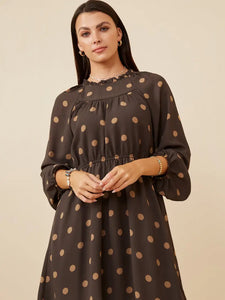 Gathered Neck Long Sleeve Polka Dot Dress