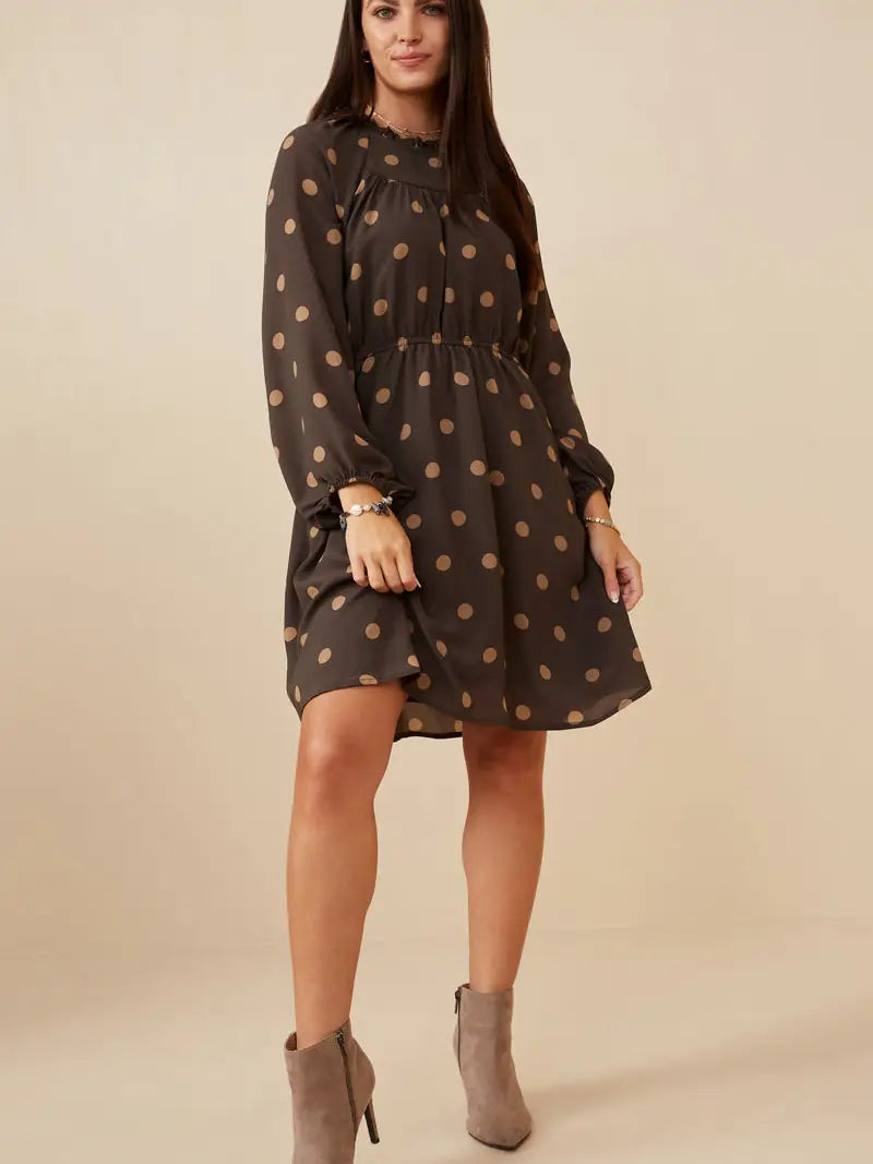 Gathered Neck Long Sleeve Polka Dot Dress