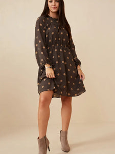 Gathered Neck Long Sleeve Polka Dot Dress