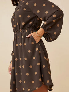 Gathered Neck Long Sleeve Polka Dot Dress