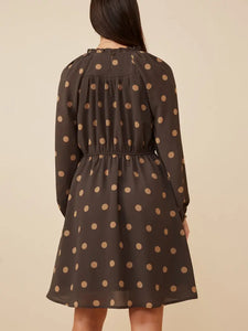 Gathered Neck Long Sleeve Polka Dot Dress