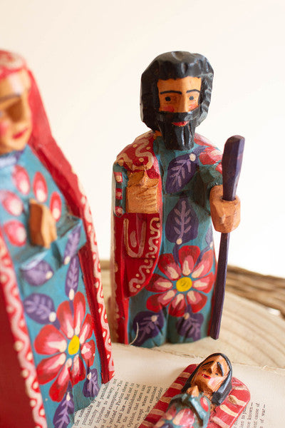 set of 3 painted wooden mary, joseph and jesus