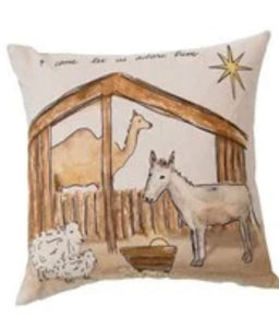 Square Cotton Chambray Printed Pillow w/ Nativity/Holy Family, Multi Color, 2 Styles