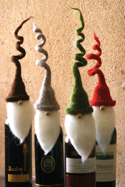 felt santa wine toppers with curly hats