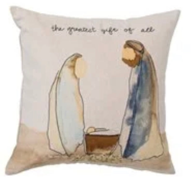 Square Cotton Chambray Printed Pillow w/ Nativity/Holy Family, Multi Color, 2 Styles