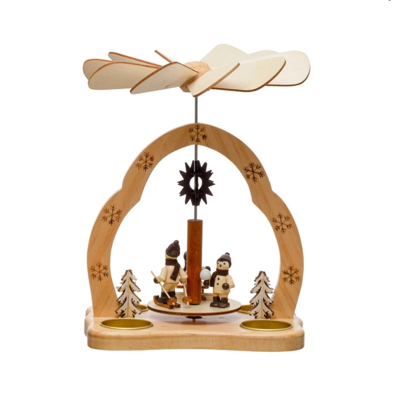 Wood Christmas Pyramid Tealight Holder w/ Snowman Scene