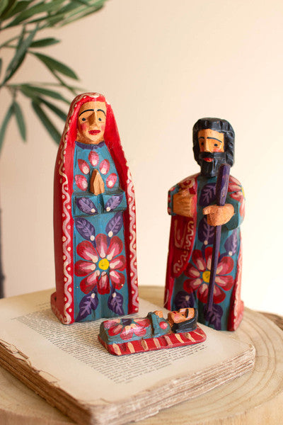 set of 3 painted wooden mary, joseph and jesus