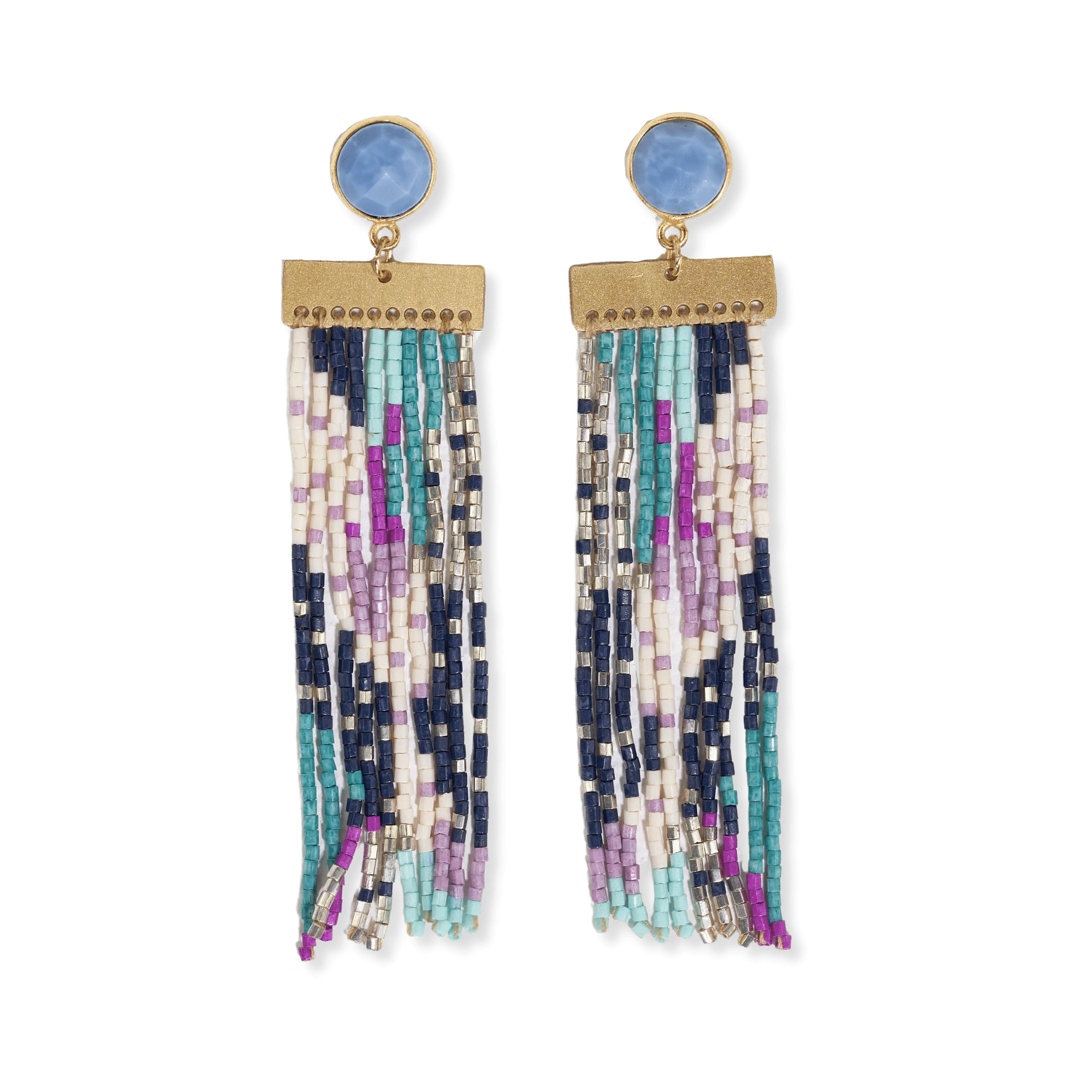 Stone Post With Organic Shapes Beaded Fringe Earrings