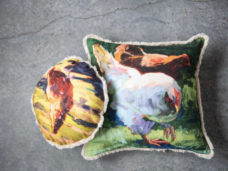 14" Square Cotton Pillow with Fringe & Chicken Image